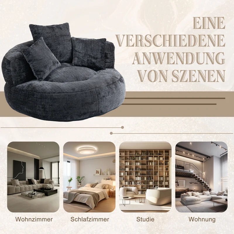Canapé chauffeuse fauteuil rond en velours chenille noir fauteuil lounge Lazy Sofa FLARENYX