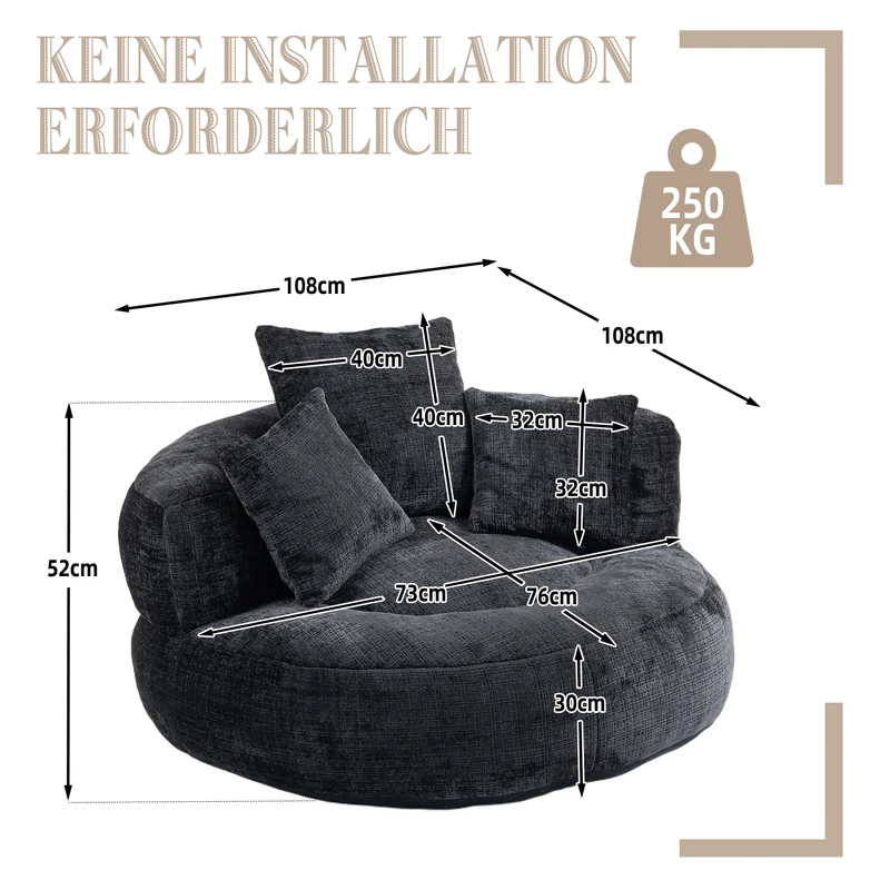 Canapé chauffeuse fauteuil rond en velours chenille noir fauteuil lounge Lazy Sofa FLARENYX