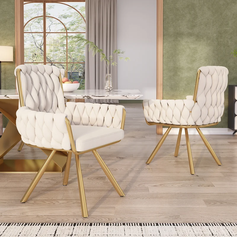 Lot de 2 chaise de salle à manger en velours beige, pivotante 360°, pieds en métal dorés NEXUSRIFT