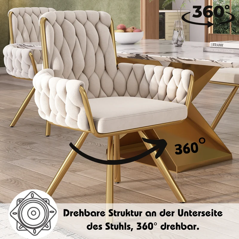 Lot de 2 chaise de salle à manger en velours beige, pivotante 360°, pieds en métal dorés NEXUSRIFT