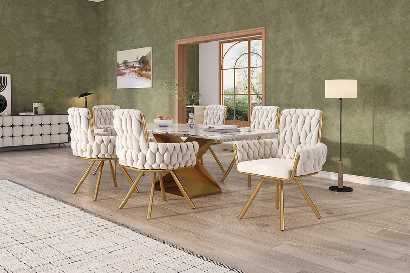 Lot de 2 chaise de salle à manger en velours beige, pivotante 360°, pieds en métal dorés NEXUSRIFT
