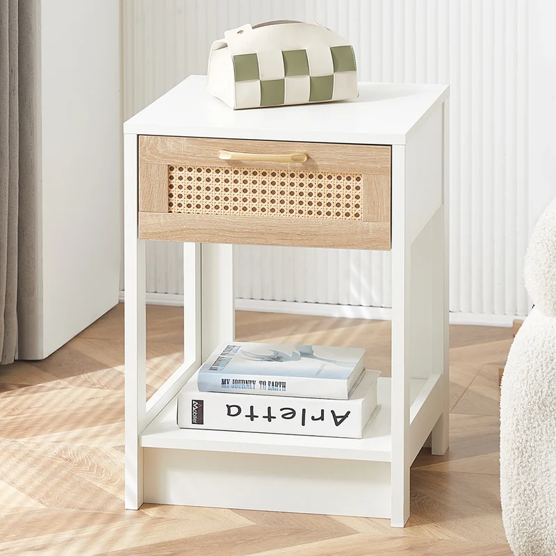 Table de chevet blanche tiroir en rotin 40x40x55cm FLARETERRA