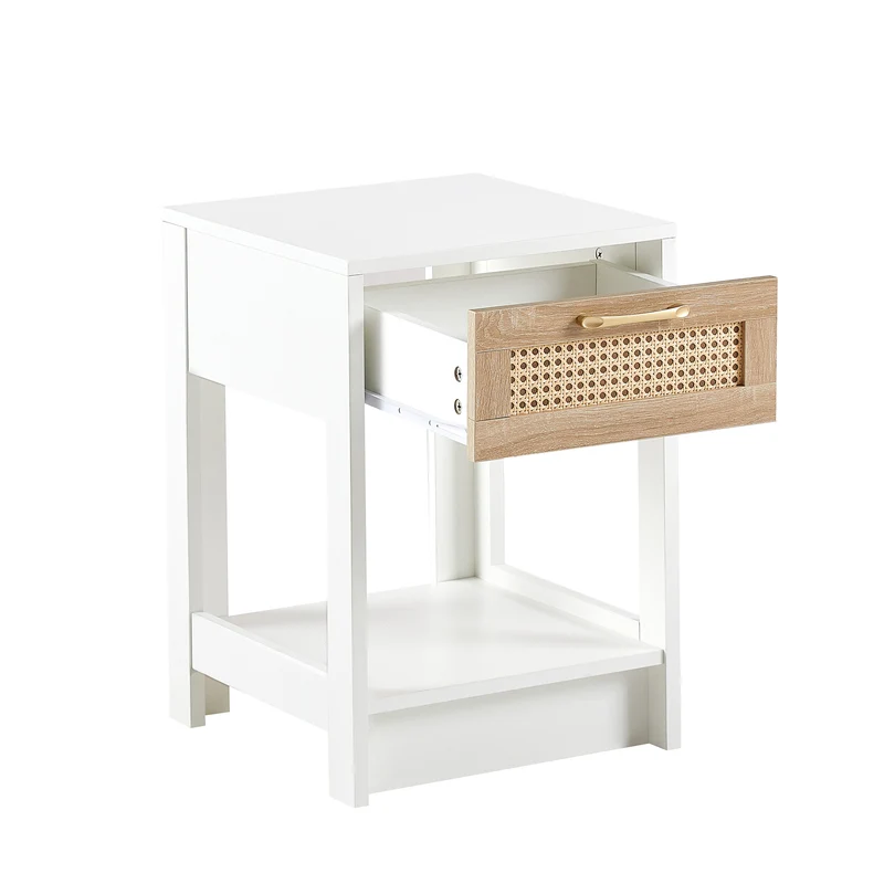 Table de chevet blanche tiroir en rotin 40x40x55cm FLARETERRA