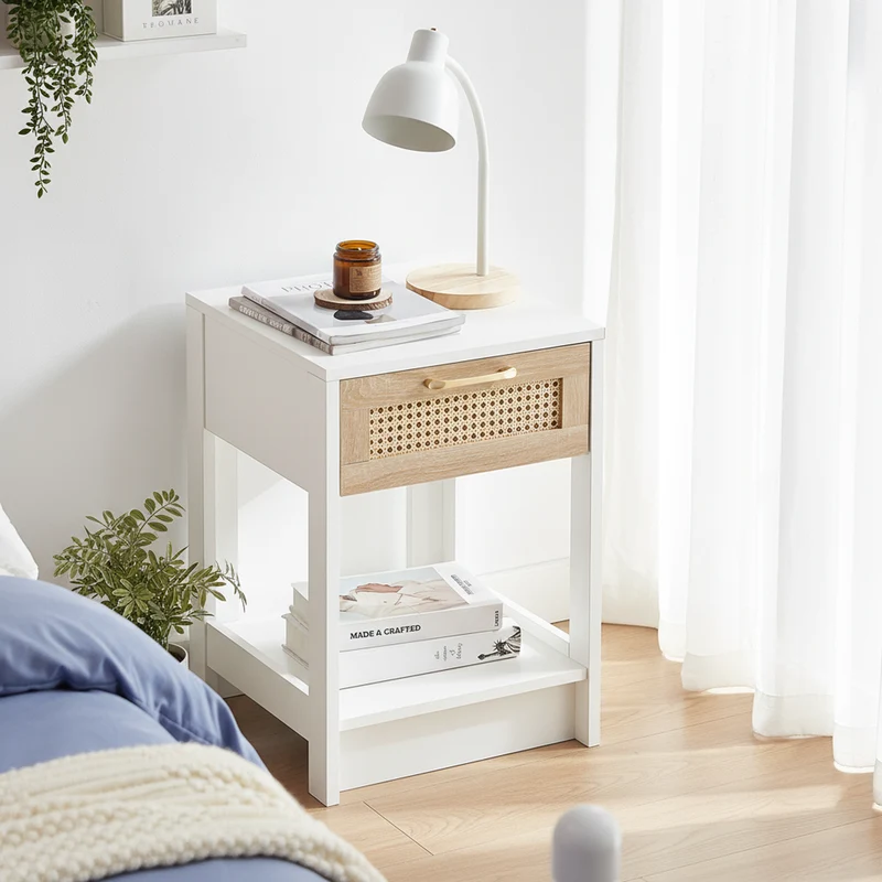 Table de chevet blanche tiroir en rotin 40x40x55cm FLARETERRA