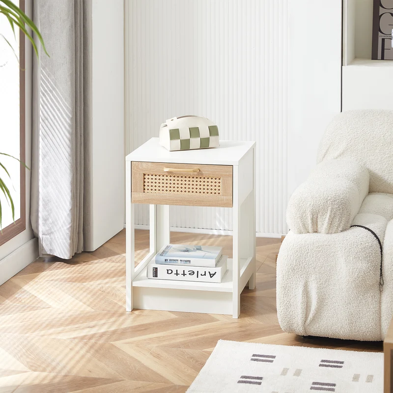 Table de chevet blanche tiroir en rotin 40x40x55cm FLARETERRA