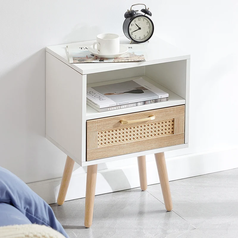 Table de chevet blanc et en rotin avec tiroir 55x40x30cm FLAREAERO