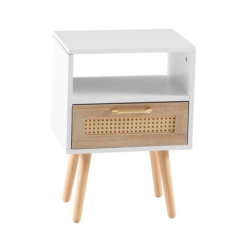Table de chevet blanc et en rotin avec tiroir 55x40x30cm FLAREAERO