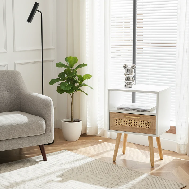 Table de chevet blanc et en rotin avec tiroir 55x40x30cm FLAREAERO