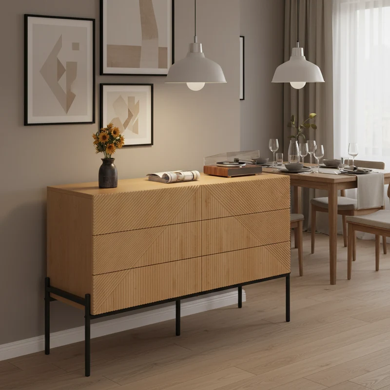 Buffet effet bois naturel géométrique 3D, 6 tiroirs 115,5x38x75cm CASCADEDYNE