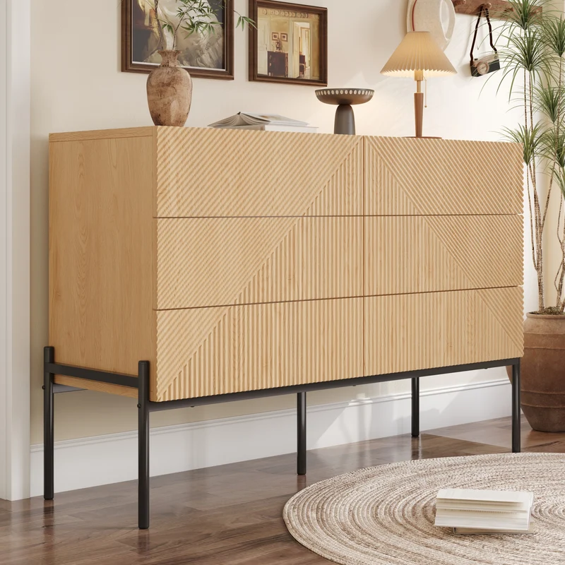 Buffet effet bois naturel géométrique 3D, 6 tiroirs 115,5x38x75cm CASCADEDYNE
