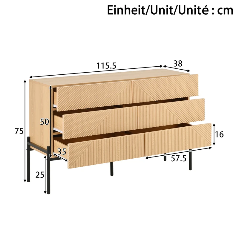 Buffet effet bois naturel géométrique 3D, 6 tiroirs 115,5x38x75cm CASCADEDYNE