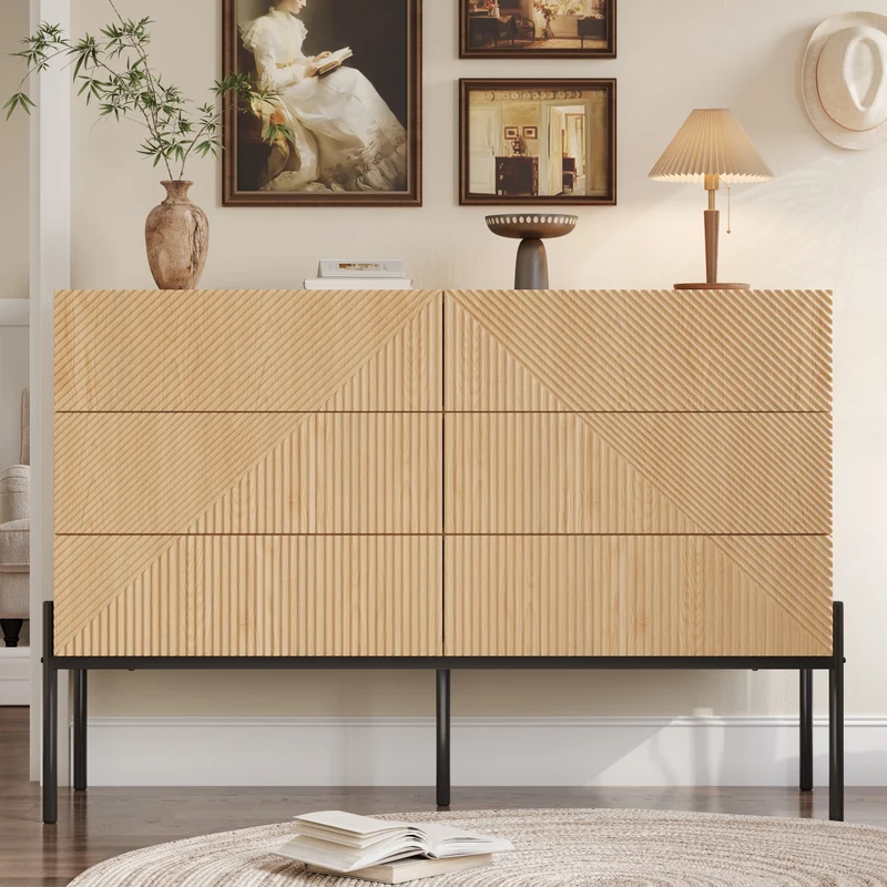 Buffet effet bois naturel géométrique 3D, 6 tiroirs 115,5x38x75cm CASCADEDYNE