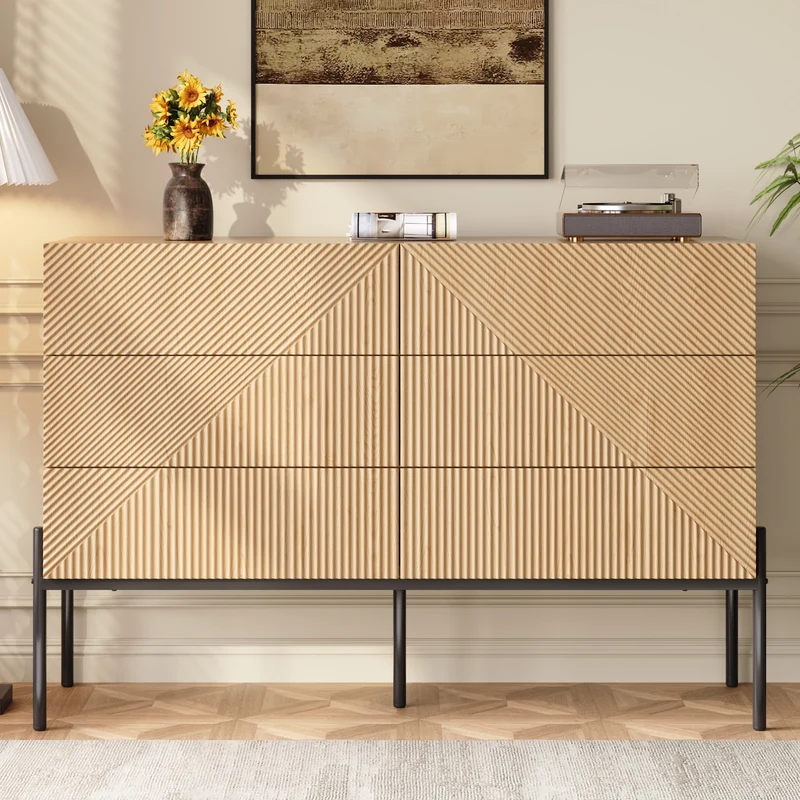 Buffet effet bois naturel géométrique 3D, 6 tiroirs 115,5x38x75cm CASCADEDYNE