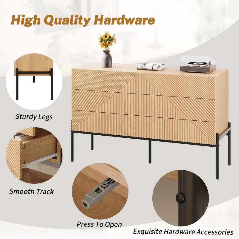 Buffet effet bois naturel géométrique 3D, 6 tiroirs 115,5x38x75cm CASCADEDYNE