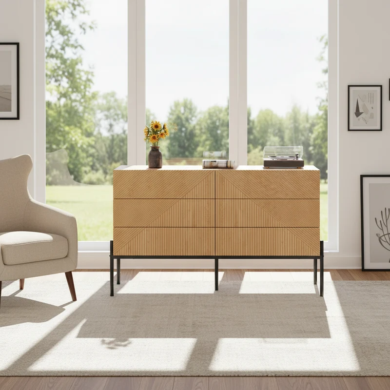 Buffet effet bois naturel géométrique 3D, 6 tiroirs 115,5x38x75cm CASCADEDYNE