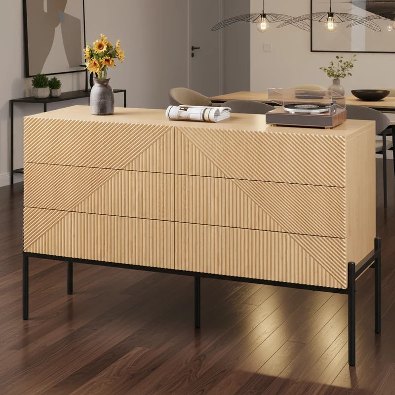 Buffet effet bois naturel géométrique 3D, 6 tiroirs 115,5x38x75cm CASCADEDYNE