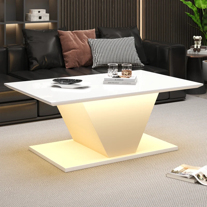 Table basse blanche brillante forme V avec éclairage LED100x50cm OVERWINTER