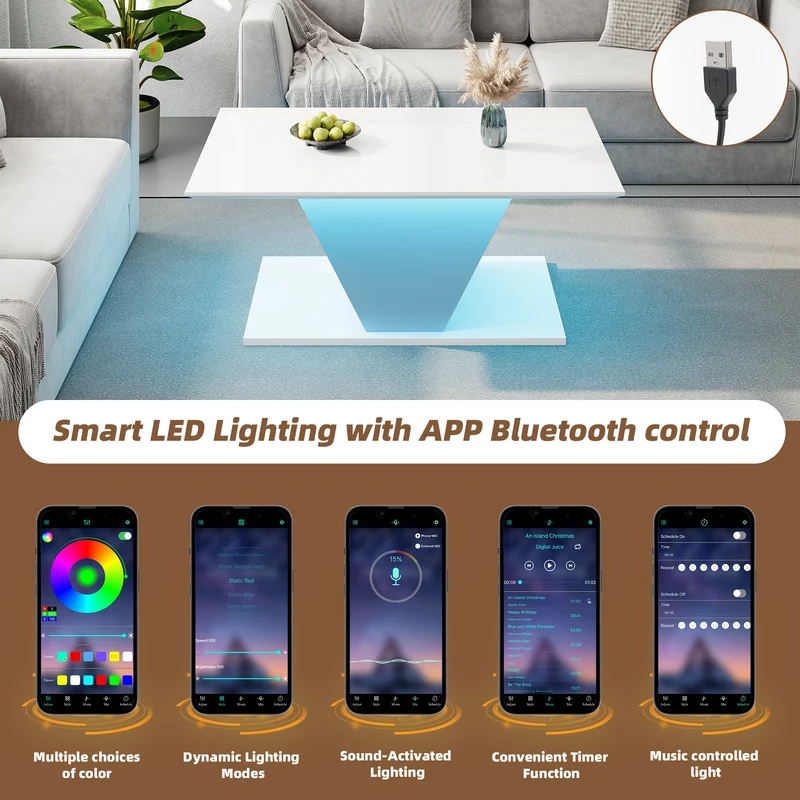 Table basse blanche brillante forme V avec éclairage LED100x50cm OVERWINTER