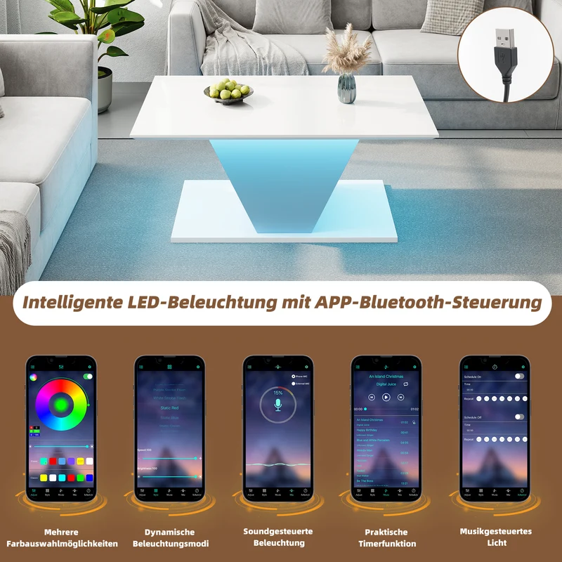 Table basse blanche brillante forme V avec éclairage LED100x50cm OVERWINTER