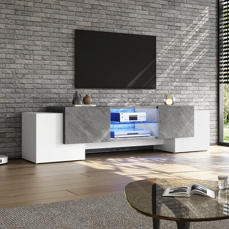 Meuble TV moderne blanc & gris étagère en verre avec éclairage LED GRIGVEK