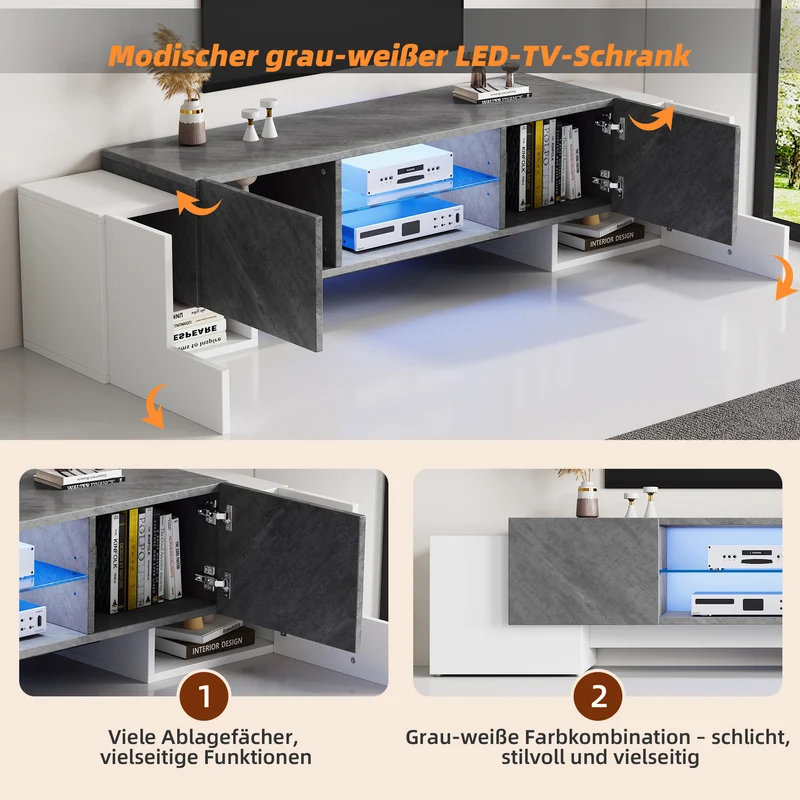Meuble TV moderne blanc & gris étagère en verre avec éclairage LED GRIGVEK