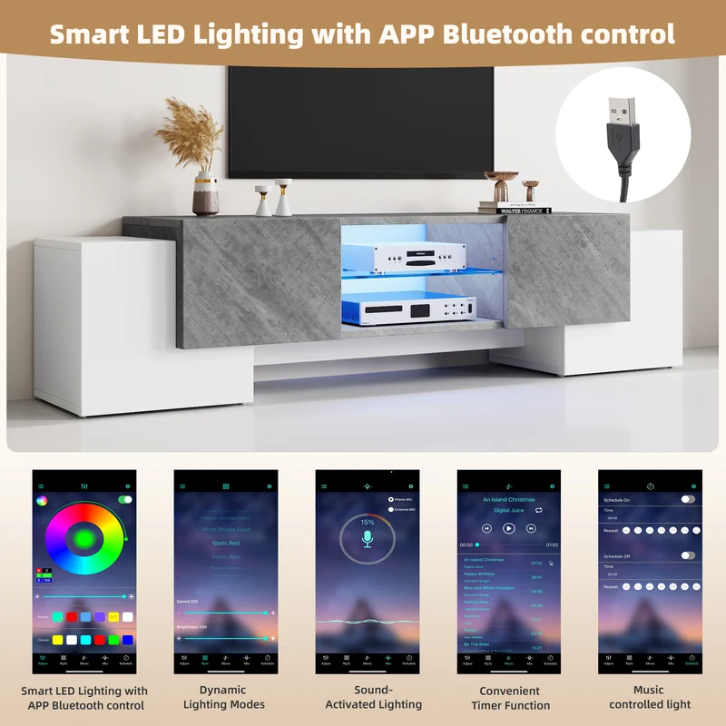 Meuble TV moderne blanc & gris étagère en verre avec éclairage LED GRIGVEK