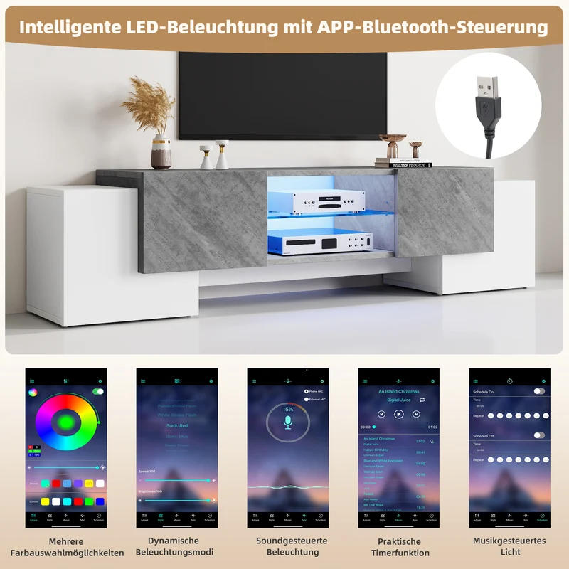 Meuble TV moderne blanc & gris étagère en verre avec éclairage LED GRIGVEK