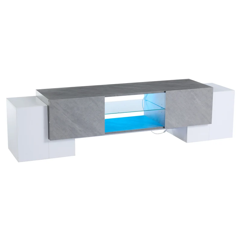 Meuble TV moderne blanc & gris étagère en verre avec éclairage LED GRIGVEK