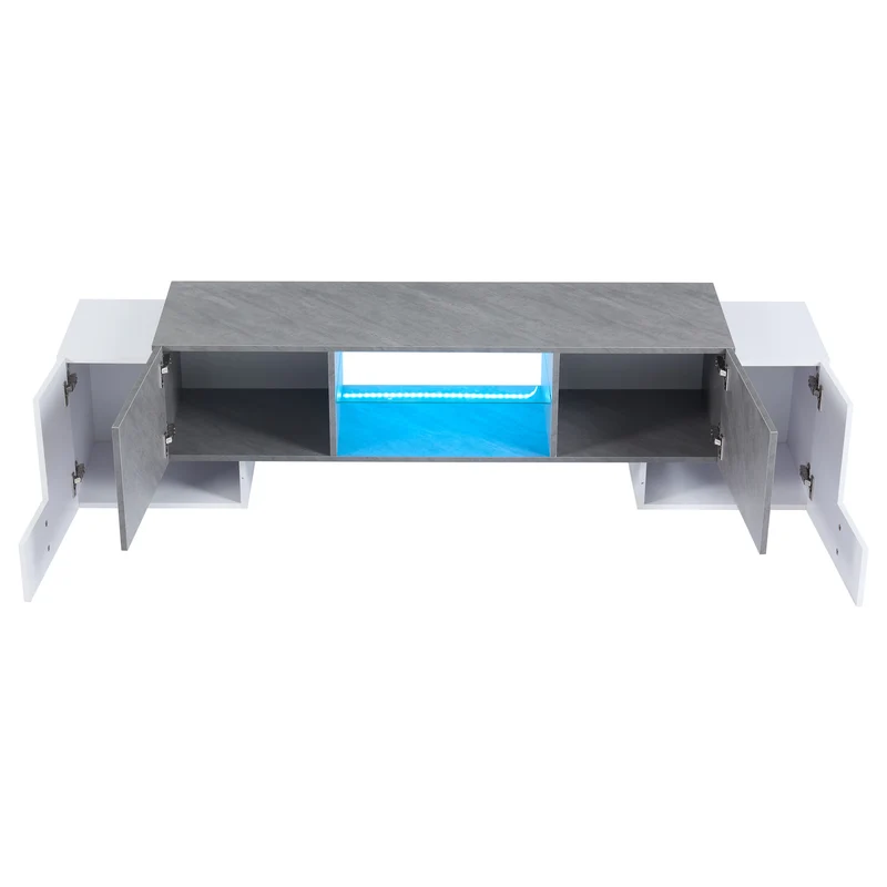 Meuble TV moderne blanc & gris étagère en verre avec éclairage LED GRIGVEK