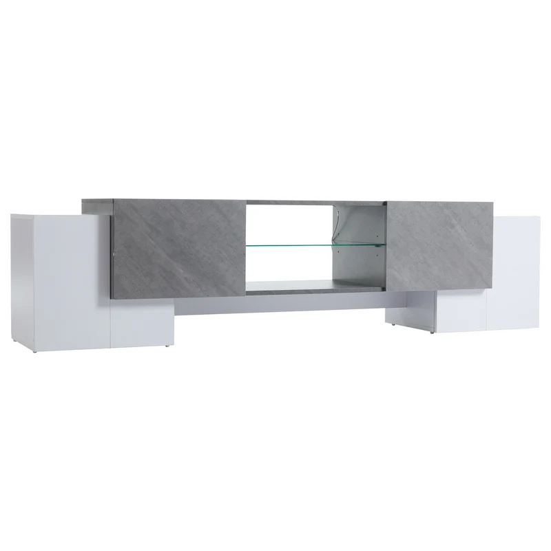 Meuble TV moderne blanc & gris étagère en verre avec éclairage LED GRIGVEK
