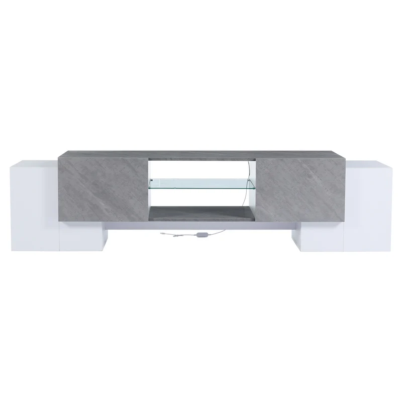 Meuble TV moderne blanc & gris étagère en verre avec éclairage LED GRIGVEK