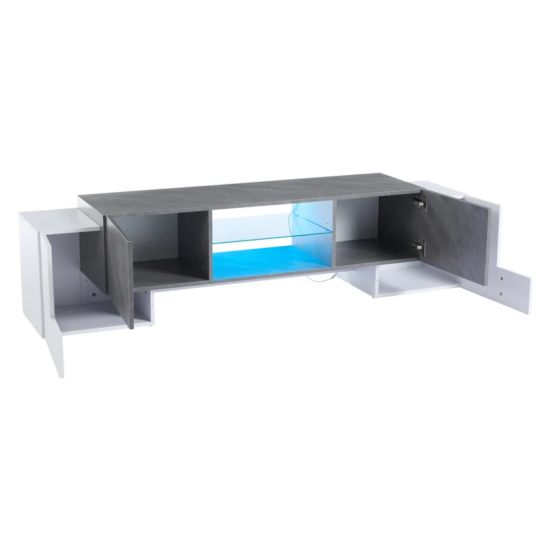 Meuble TV moderne blanc & gris étagère en verre avec éclairage LED GRIGVEK
