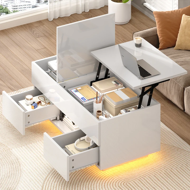 Table basse relevable blanc brillant 2 tiroirs avec LED 100x45x43cm QUASARTHAL