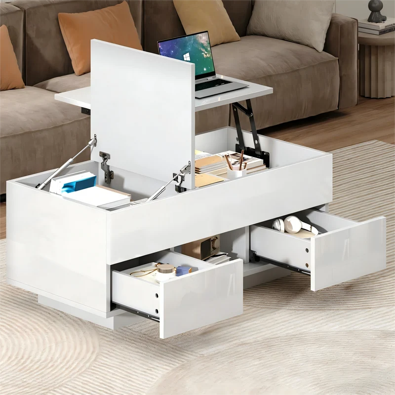 Table basse relevable blanc brillant 2 tiroirs avec LED 100x45x43cm QUASARTHAL
