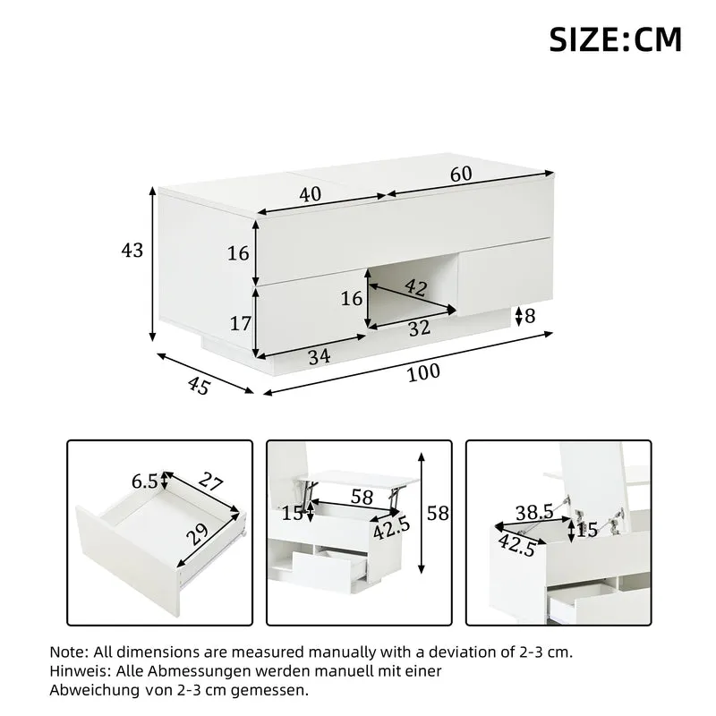 Table basse relevable blanc brillant 2 tiroirs avec LED 100x45x43cm QUASARTHAL
