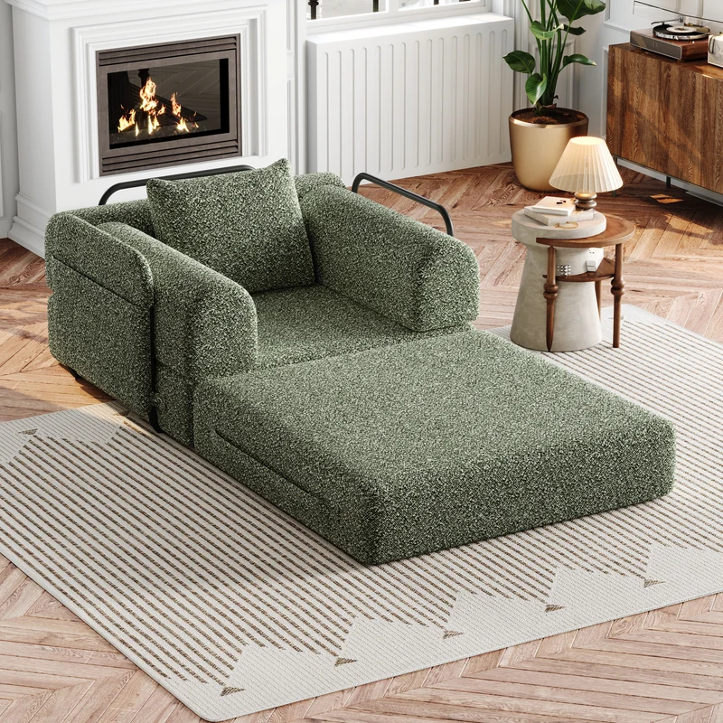 Fauteuil-lit modulable convertible 2-en-1 en chenille vert avec accoudoir MERIDIANAERO