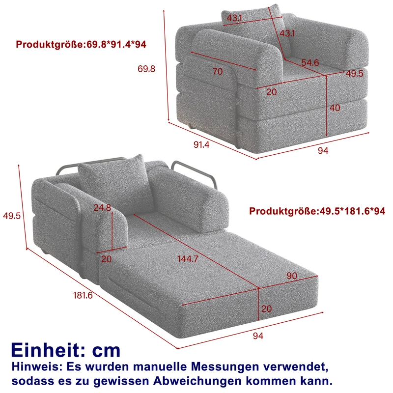 Fauteuil-lit modulable convertible 2-en-1 en chenille vert avec accoudoir MERIDIANAERO