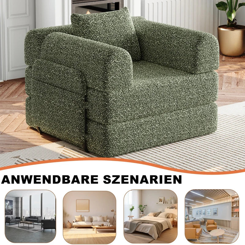 Fauteuil-lit modulable convertible 2-en-1 en chenille vert avec accoudoir MERIDIANAERO