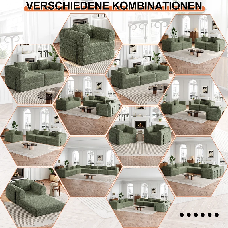 Fauteuil-lit modulable convertible 2-en-1 en chenille vert avec accoudoir MERIDIANAERO