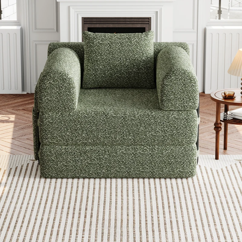 Fauteuil-lit modulable convertible 2-en-1 en chenille vert avec accoudoir MERIDIANAERO