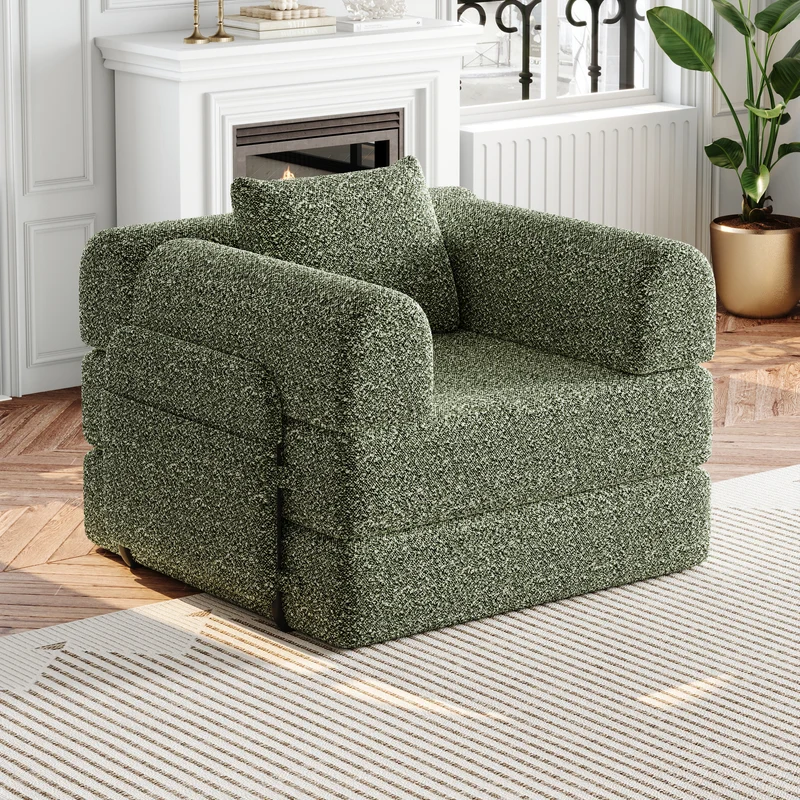 Fauteuil-lit modulable convertible 2-en-1 en chenille vert avec accoudoir MERIDIANAERO