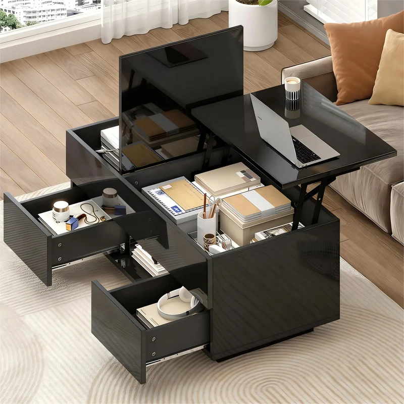 Table basse relevable noire brillante 2 tiroirs avec LED 100x45x43cm QUASARVYR