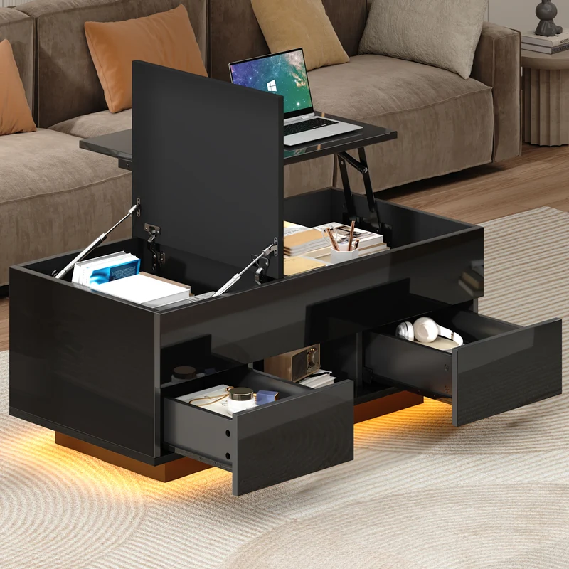 Table basse relevable noire brillante 2 tiroirs avec LED 100x45x43cm QUASARVYR