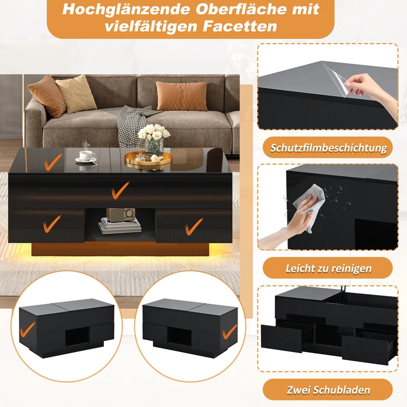 Table basse relevable noire brillante 2 tiroirs avec LED 100x45x43cm QUASARVYR