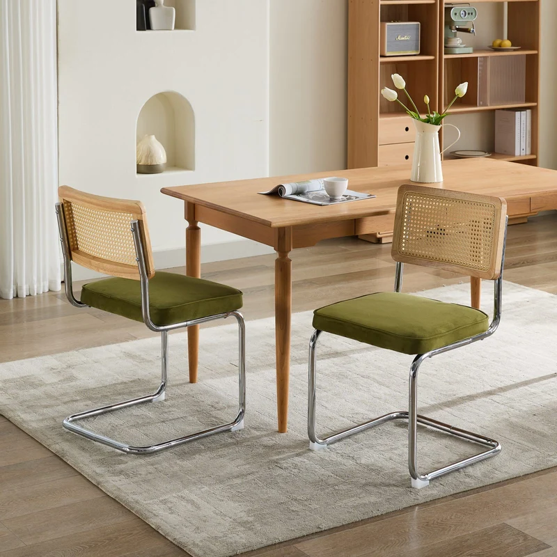 Lot de 2 chaises de salle à manger design Breuer velours vert olive, dossier cannage rotin, base chromée, style vintage FOCUSION
