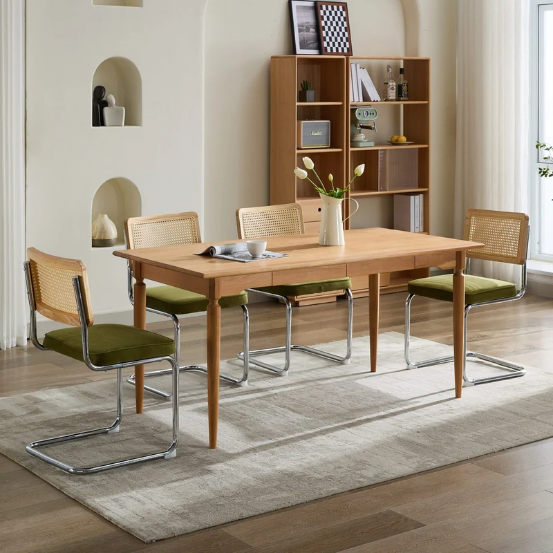 Lot de 2 chaises de salle à manger design Breuer velours vert olive, dossier cannage rotin, base chromée, style vintage FOCUSION