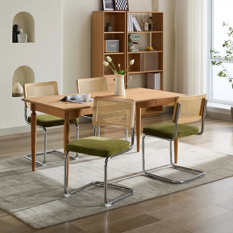 Lot de 2 chaises de salle à manger design Breuer velours vert olive, dossier cannage rotin, base chromée, style vintage FOCUSION