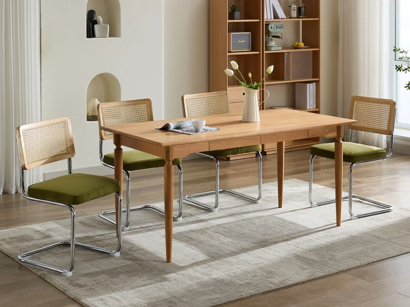 Lot de 2 chaises de salle à manger design Breuer velours vert olive, dossier cannage rotin, base chromée, style vintage FOCUSION