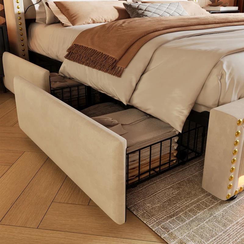 Lit double beige rembourré captionné royal avec éclairage LED et 4 tiroirs 140*200cm STOCZUTS DOUBLE BEIGE