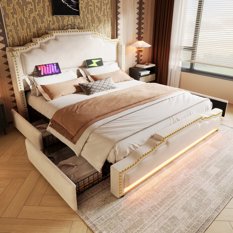 Lit double beige rembourré captionné royal avec éclairage LED et 4 tiroirs 140*200cm STOCZUTS DOUBLE BEIGE
